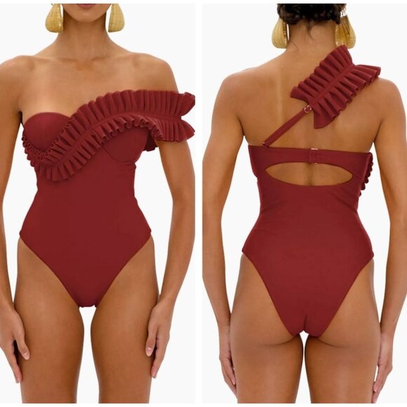 Andrea Iyamah Nisi One Shoulder Ruffle One Piece Swimsuit Chocolate Womens Size - Picture 1 of 12